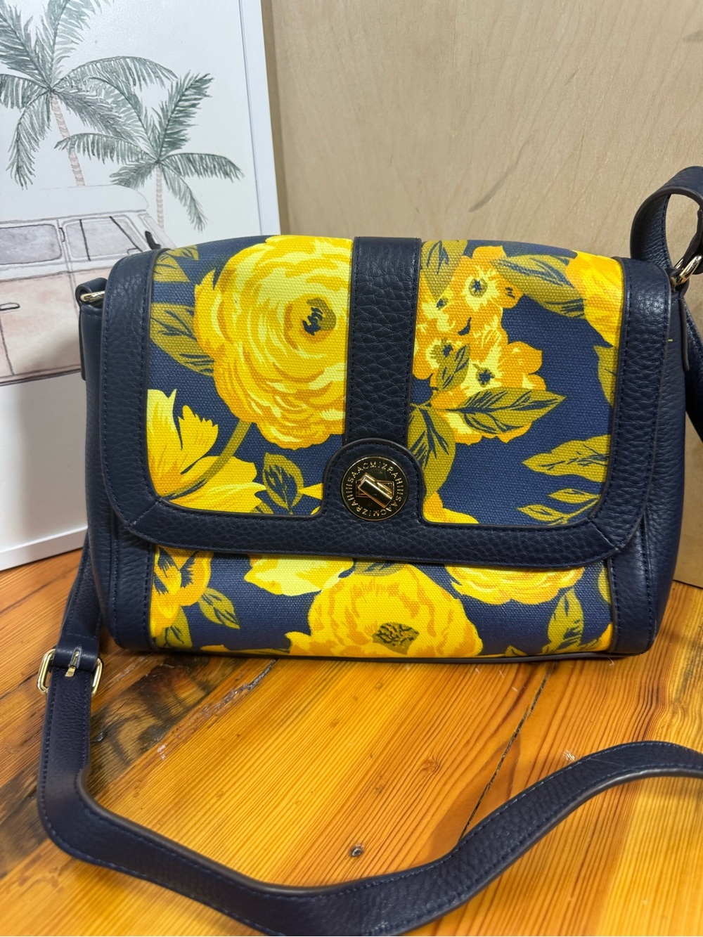Isaac Mizrahi Navy Crossbody with Yellow Floral Print - Picture 4 of 10